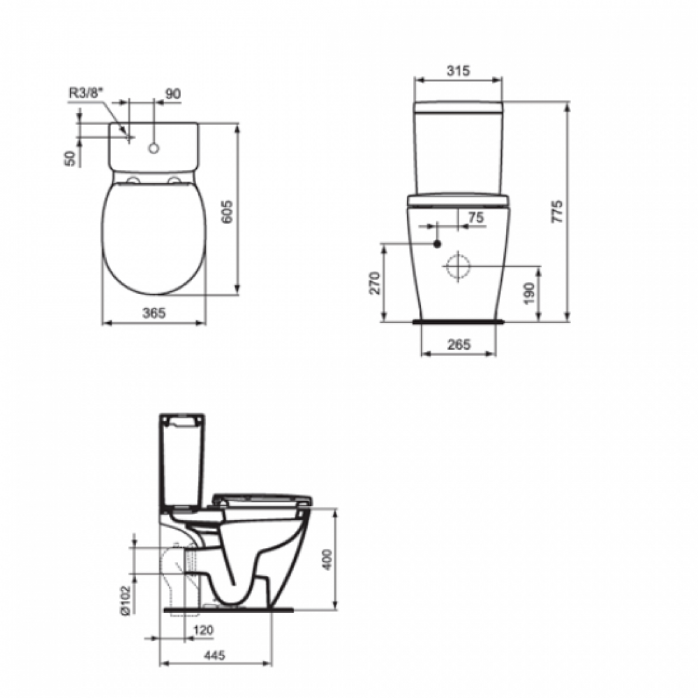 Унитаз Ideal Standard Space Cube Укороченный Горизонтальный Выпуск